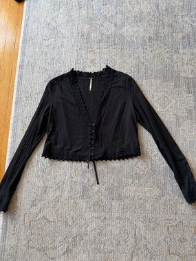 Free People Black Lace-Trim Cropped Button-Front Top